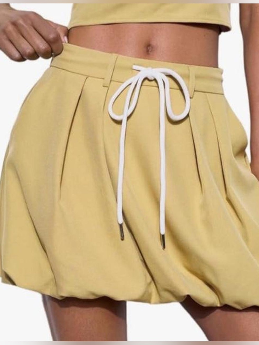 Women’s Yellow Pleated Bubble Skirt with Drawstring
